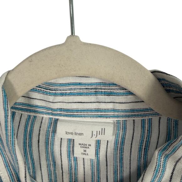 J Jill Love Linen Blue White Striped Popover Shirt Coastal Cottage Womens M Tall - Picture 3 of 7